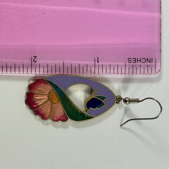 Purple Green Enamel Butterfly Flower Dangle Earrings Teardrop Shape Silver Tone - Picture 5 of 7